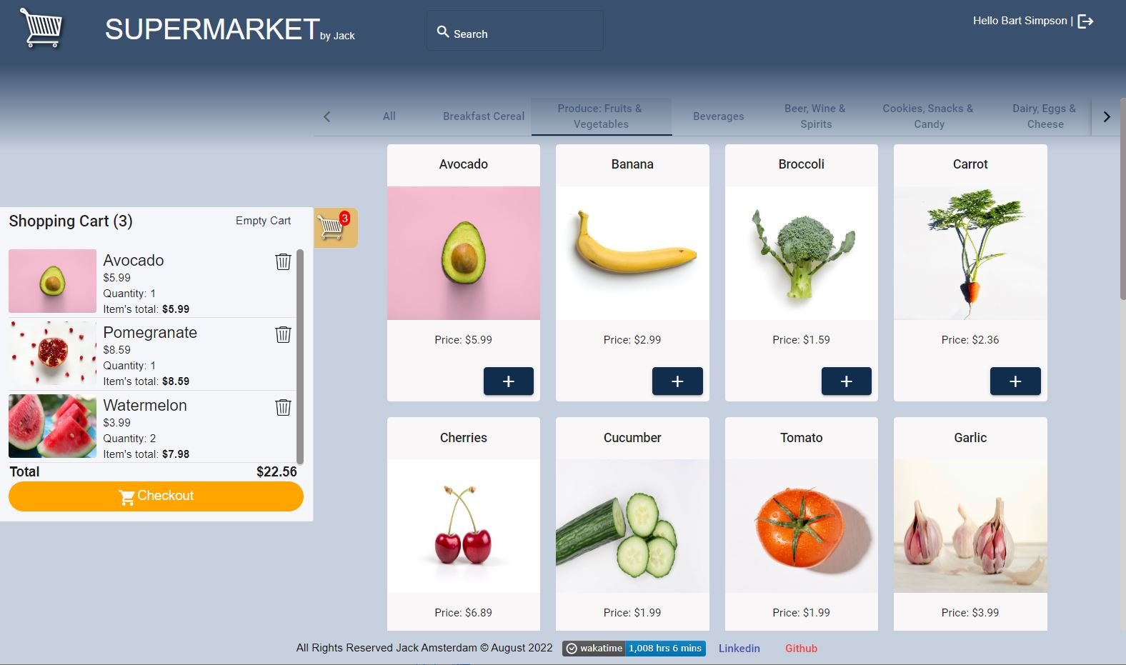 Supermarket by Jack — product catalog with category tabs and a live shopping cart