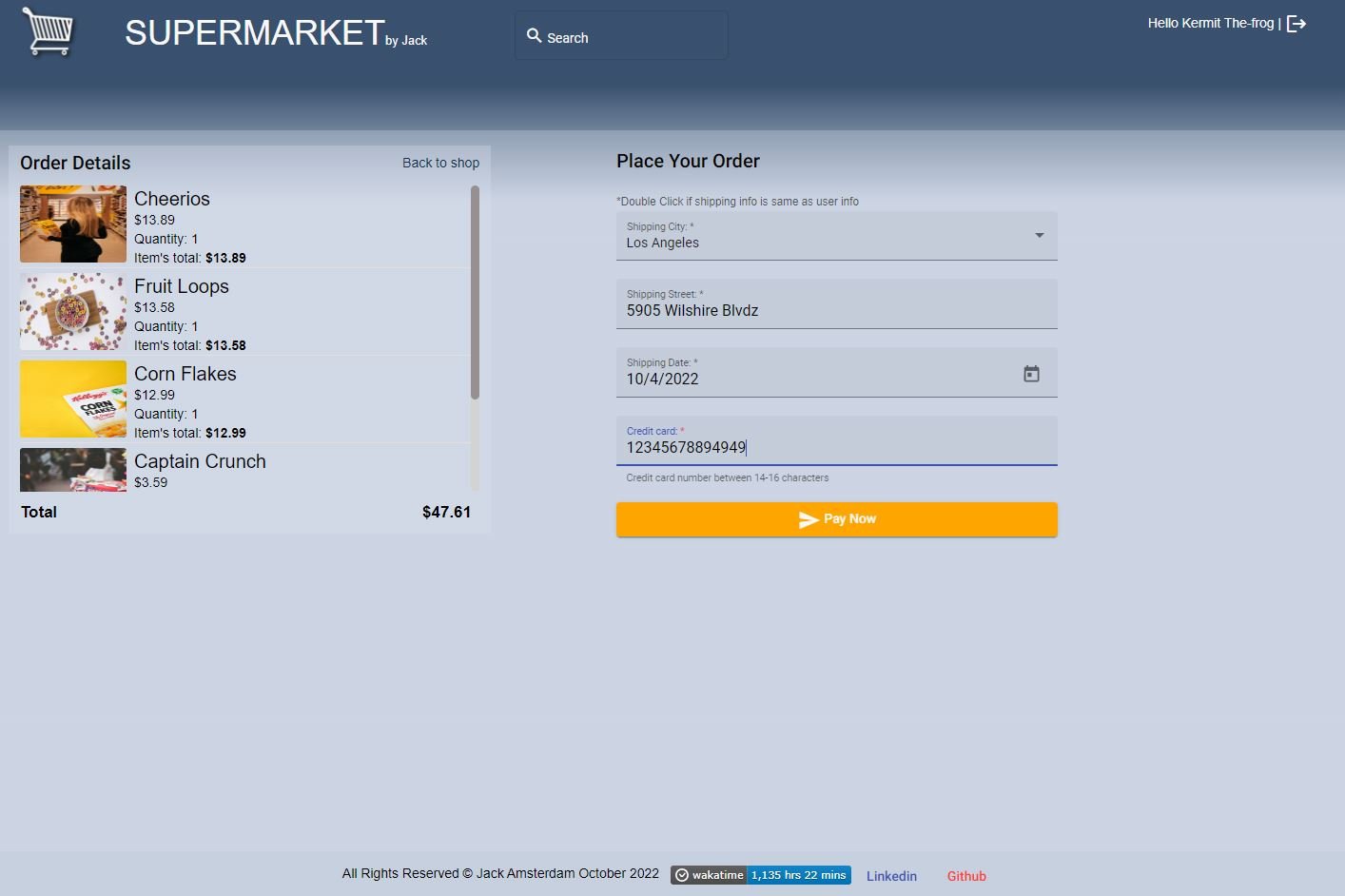 Supermarket by Jack — checkout with order details, shipping fields and payment