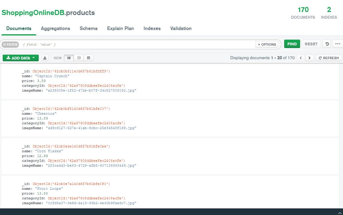 MongoDB Compass — the products collection with 170 documents