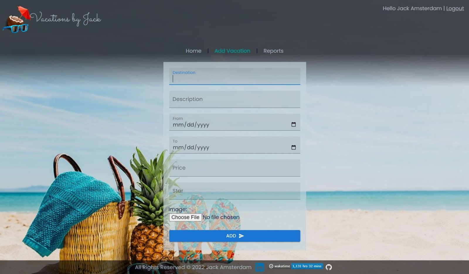 Vacations by Jack — add vacation form with validated fields