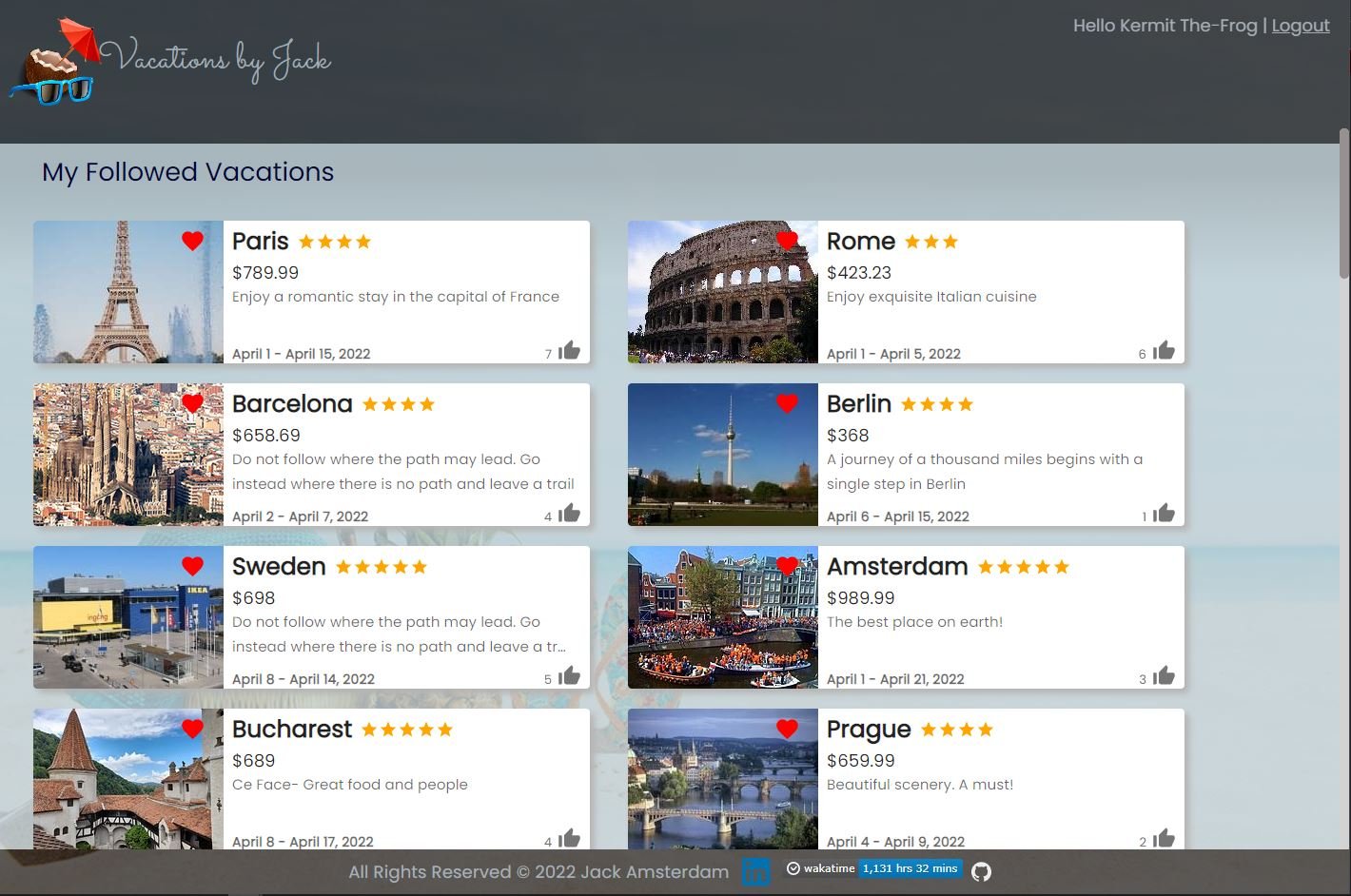 Vacations by Jack — a user's followed vacations list