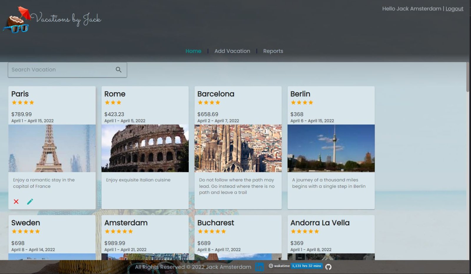 Vacations by Jack — admin dashboard with vacation cards, search, edit and delete